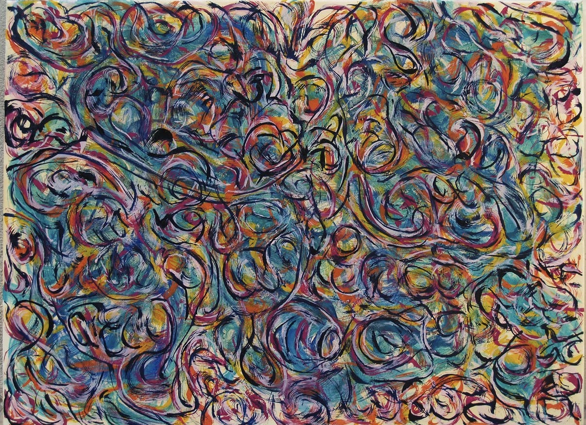 Pintura de trazos envolventes negros y granates, con campos de color turquesa